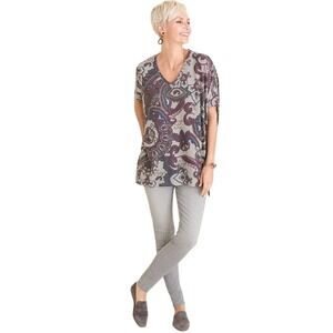 Chicos Top Women M/L Dolman‎ Sleeve V-Neck Drop-Shoulder Paisley Tunic